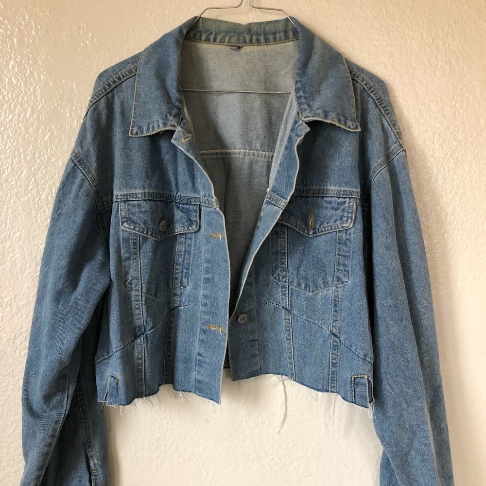 Oversized Cropped Denim Jacket with Raw Hem